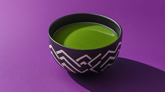 A bowl of celery soup with decorative zigzag patterns of cream, isolated on a deep purple surface
