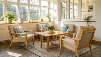 A bright, airy meeting room with light wooden furnishings and a cozy corner, providing a warm and inviting space for discussions and collaboration