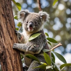 Obraz premium A koala cub with rainbow-streaked fur climbing a eucalyptus tree, with blurred sunny skies.
