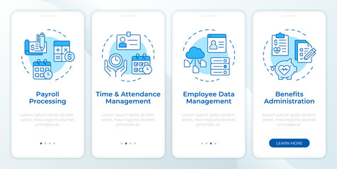 HRIS blue onboarding mobile app screen. HR information system. Walkthrough 4 steps editable graphic instructions with linear concepts. UI, UX, GUI template. Montserrat SemiBold, Regular fonts used