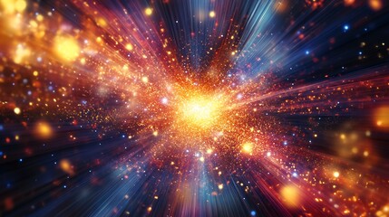 A luminous explosion of digital data in a futuristic world, with glowing particles, light trails, and high-tech fragments scattering.