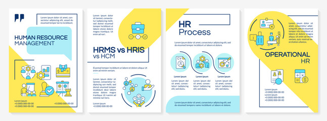 Human resource management blue and yellow brochure template. Staff employment strategy. Corporate HR. Leaflet design with linear icons. Editable 4 vector layouts. Questrial, Lato-Regular fonts used