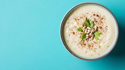 A modern bowl of celery soup with a garnish of roasted sunflower seeds, isolated on a bright teal background