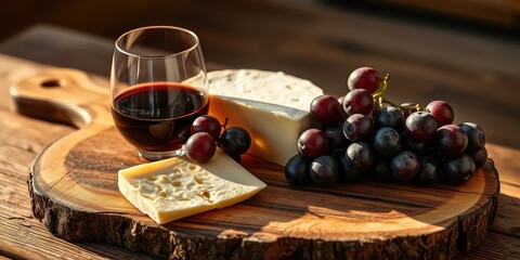 Obraz premium A rustic wooden board presents a delectable arrangement of cheeses and grapes, complemented by a glass of rich red wine, perfect for an evening of sophisticated enjoyment.