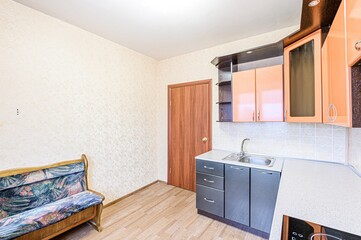interior apartment kitchen and dining room, refectory area, cooking equipment, table furniture, stove