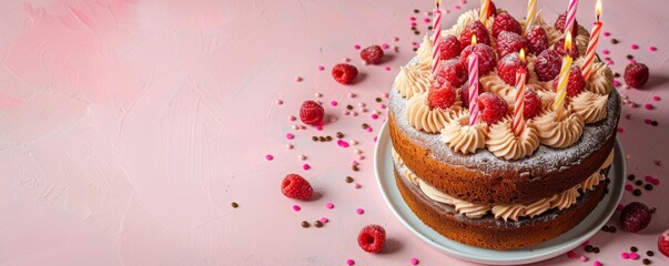 Fototapeta premium Yummy birthday cake with candles on pastel pink background, copy space for text. MZ