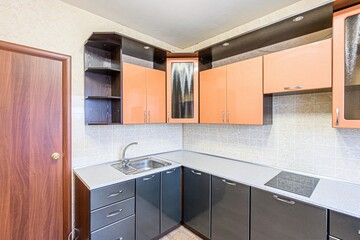 interior apartment kitchen and dining room, refectory area, cooking equipment, table furniture, stove