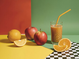 Fototapeta premium apples and oranges with a glass cup of juice with straw, patterned graphic background