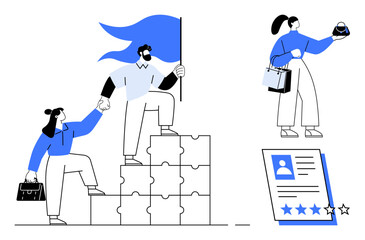Business team climbing puzzle blocks holding a flag, individual presenting a product, and evaluating a resume with stars. Ideal for teamwork, leadership, product presentation, career progression