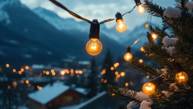 Winter Wonderland: Cozy String Lights Adorn a Snowy Mountain Village