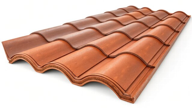 a terracotta roofing tile with natural reddish-brown tones and a curved shape, isolated on a white background.