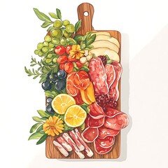 Watercolor painting of a gourmet charcuterie board featuring cured meats, fruits, and herbs.
