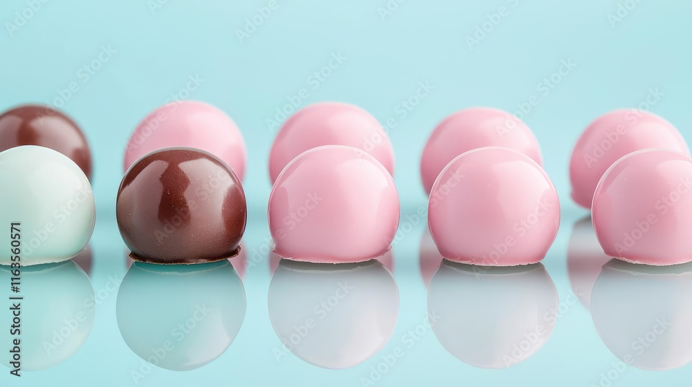 Poster pastel chocolates idea. colorful candies arranged in a playful pattern on a light blue background.