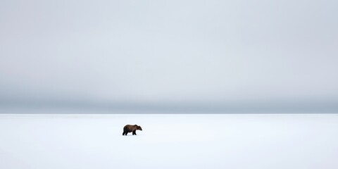Fototapeta premium A solitary brown bear foraging through a snowy winter landscape, its thick fur dusted with snowflakes, as soft light filters through a cloudy grey sky
