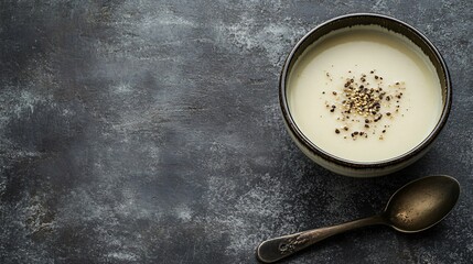 Fototapeta premium Celery soup with toasted seeds sprinkled on top, isolated on a slate grey background with a vintage spoon