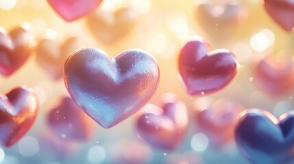 Obraz premium Pastel chocolates idea. Colorful hearts floating in a soft, dreamy background for romantic themes and occasions.