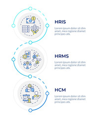 HRMS vs HRIS vs HCM infographic vertical sequence. Human resource regulation systems. Visualization infochart with 3 steps. Circles workflow. Montserrat SemiBold, Lato Regular fonts used © bsd studio