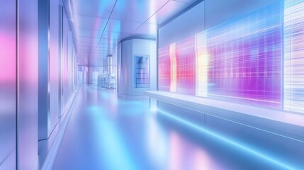 Futuristic, vibrant, illuminated hallway with glowing panels and modern architecture.