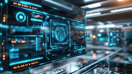 Obraz premium Futuristic digital interface with glowing displays and complex information.