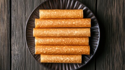 Plate of Cigarettes Russes, baked thin waffle rolls, arranged neatly on a wooden table. Top view from above.