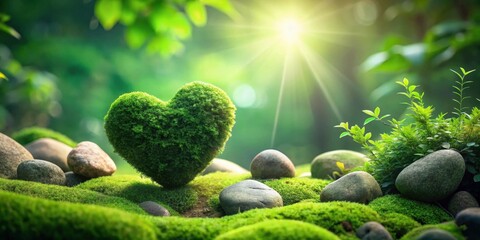 Heart-shaped moss nestled amongst sunlit rocks and vibrant green foliage, a serene nature scene symbolizing tranquility and environmental harmony