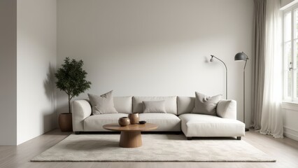 Minimalist Living Room with Beige Sofa and Wooden Table