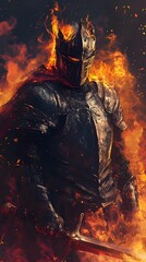 Naklejka premium Wallpaper medieval knight in armour surrounded by fire 