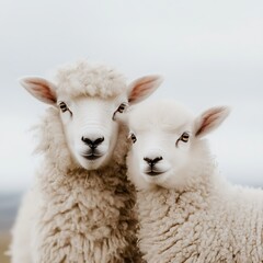 Obraz premium Two adorable fluffy lambs snuggled together against a soft, blurred background.