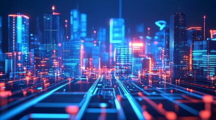 Futuristic city skyline with glowing digital network lines.