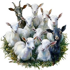 Fototapeta premium A Watercolor Painting of a Group of Adorable Baby Goats and Adult Goats Huddled Together in the Grass.