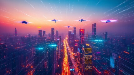 Obraz premium Futuristic cityscape at dawn with flying drones. Aerial view of a modern city at sunrise, illuminated by neon lights and flying futuristic drones.