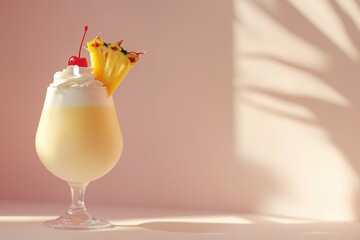 vibrant studio shot of pina colada served in tall curvy glass topped with whipped cream and garnished with pineapple