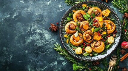 Fototapeta premium Rustic plate of Kanelbullar cinnamon rolls with traditional Swedish spices and toppings. Horizontal top view.