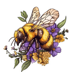 Obraz premium Bee Clip Art collecting nectar, vibrant design, transparent background, perfect for educational materials and nature-themed projects
