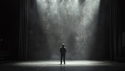 Obraz premium Lone figure on dark stage illuminated by spotlights.