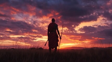 Maasai man silhouetted against a vibrant African sunset.