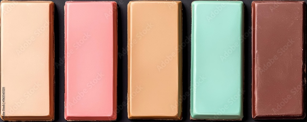 Poster pastel chocolates concept. assorted chocolate bars in various colors and flavors beautifully arrange