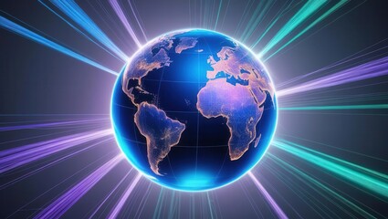Holographic Globe Surrounded by Light Trails Symbolizing Connectivity