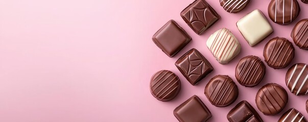 Fototapeta premium Pastel chocolates concept. A delightful assortment of chocolates on a pink background, perfect for dessert lovers.