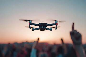 Drone flying over crowd of spectators at sunset during open-air festival