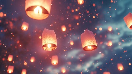 Obraz premium Floating lanterns in the night sky, glowing with warm light.