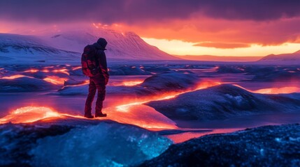 Obraz premium Man observing glowing lava flows in a frozen landscape at sunset.
