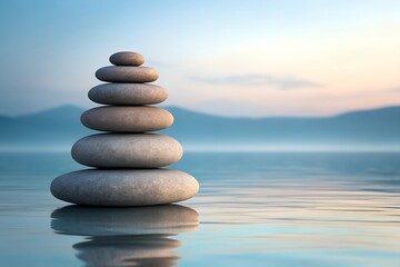 Fototapeta premium A serene composition of smooth, balanced stones stacked in a perfect tower, reflecting on calm water with a tranquil background of distant mountains and soft sky tones.