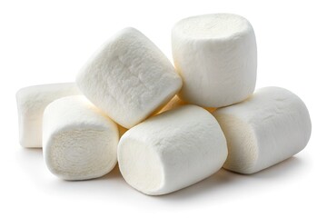 A small pile of six soft, cylindrical marshmallows stacked on a clean white background, highlighting their fluffy texture and rounded edges.