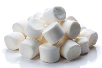 A heap of soft, fluffy white marshmallows stacked on a reflective white surface, showcasing their smooth texture and rounded shapes, perfect for dessert-themed visuals.