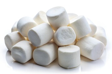 A small pile of six soft, cylindrical marshmallows stacked on a clean white background, highlighting their fluffy texture and rounded edges.