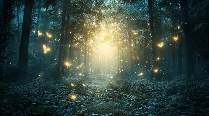 Naklejka premium Enchanting forest path illuminated by glowing fireflies.