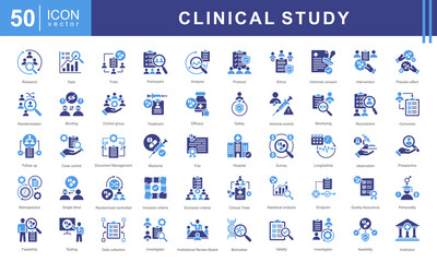 Clinical study icon collection set. Containing adverse event, baseline, double blind, blinding, case report form, endpoint, clinical trial icon.