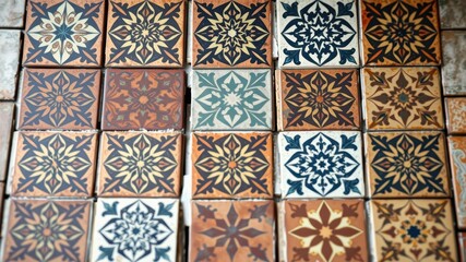 A Collection of Ornate Square Tiles with Intricate Floral and Geometric Designs in Warm Earthy Tones