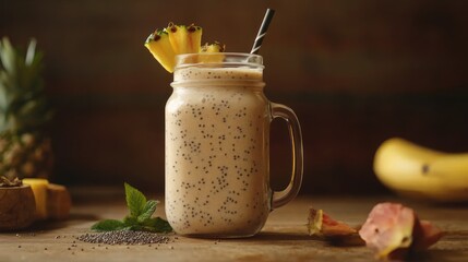 Creamy Pineapple Banana Chia Seed Smoothie In Glass Mug